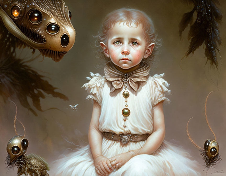 Young Child Surrounded by Surreal Mechanical Creatures in Sepia-Toned Painting