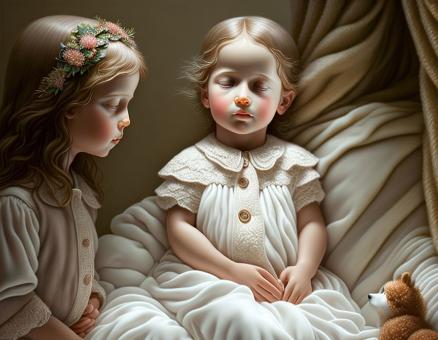 Hyper-realistic portrait of two children with teddy bear and floral headpiece