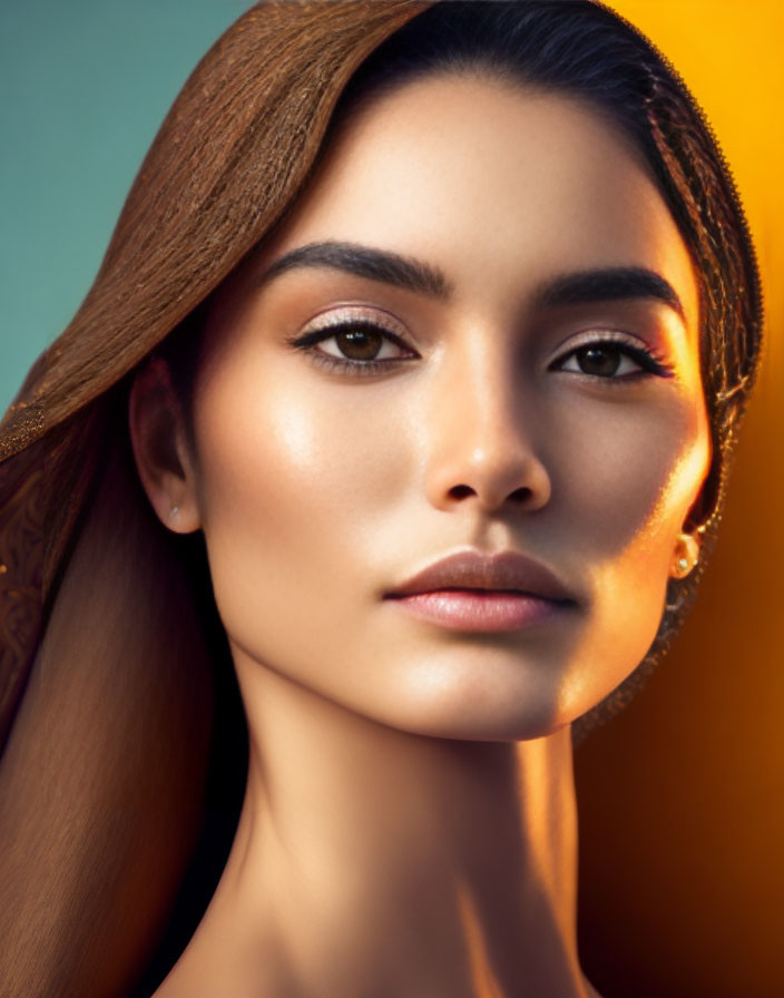 Woman's Portrait Featuring Sleek Hair and Subtle Makeup on Gradient Background