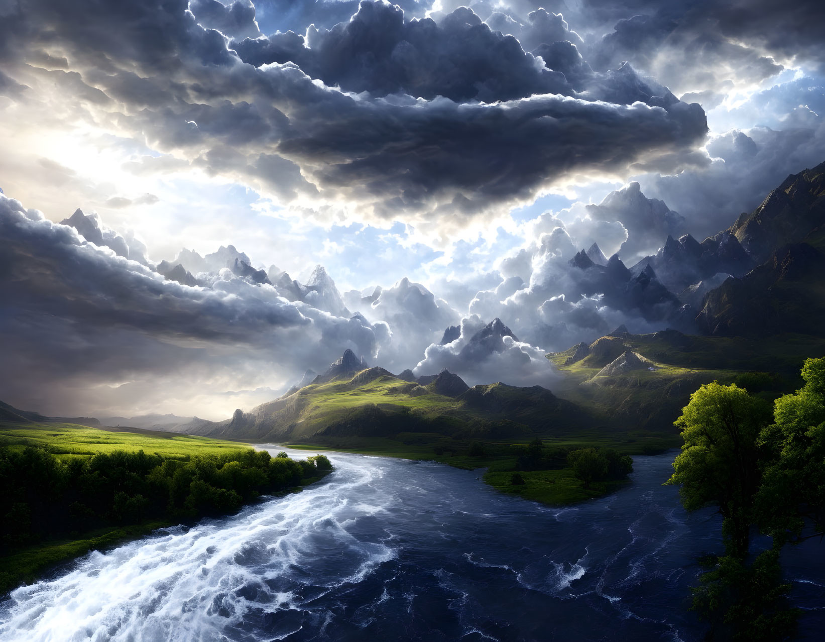 Dramatic landscape with turbulent river, green hills, and stormy sky