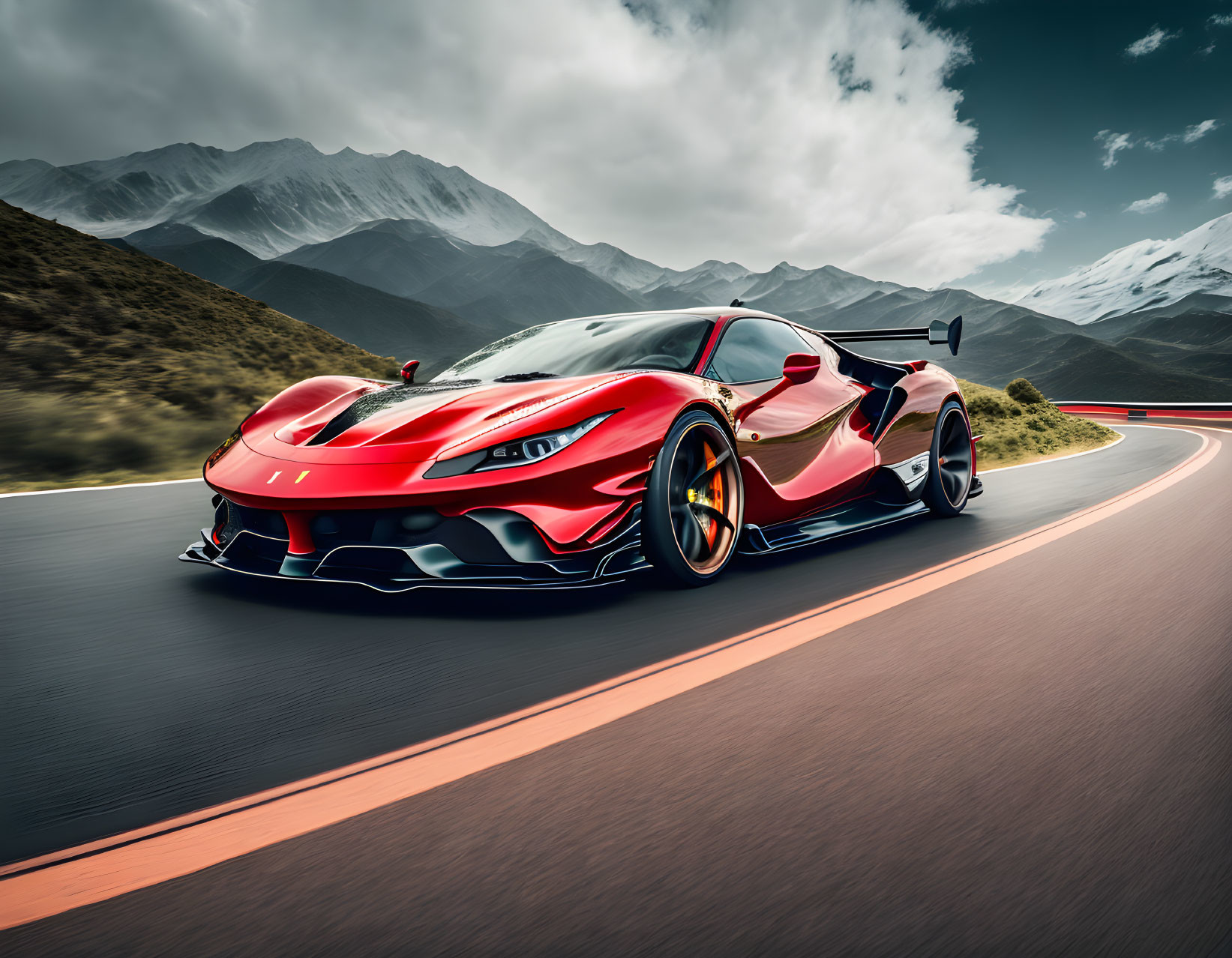 Red Sports Car with Black Accents Speeding on Mountain Road