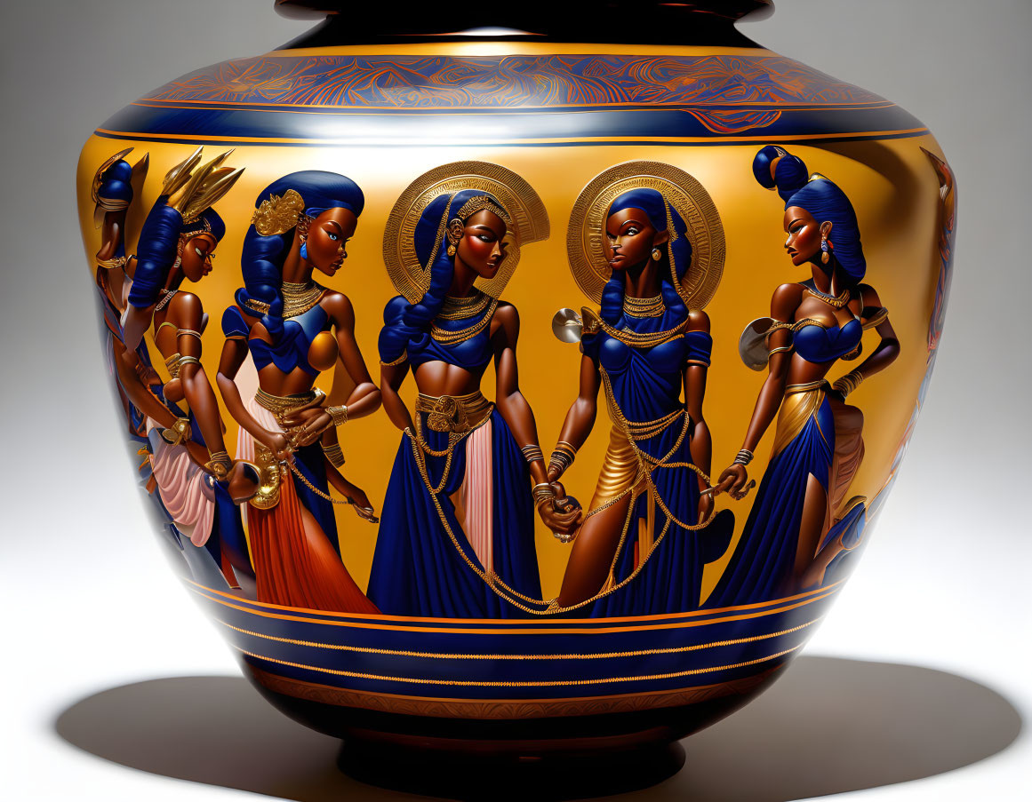 Ancient Egyptian-themed vase with women illustrations on golden-blue backdrop