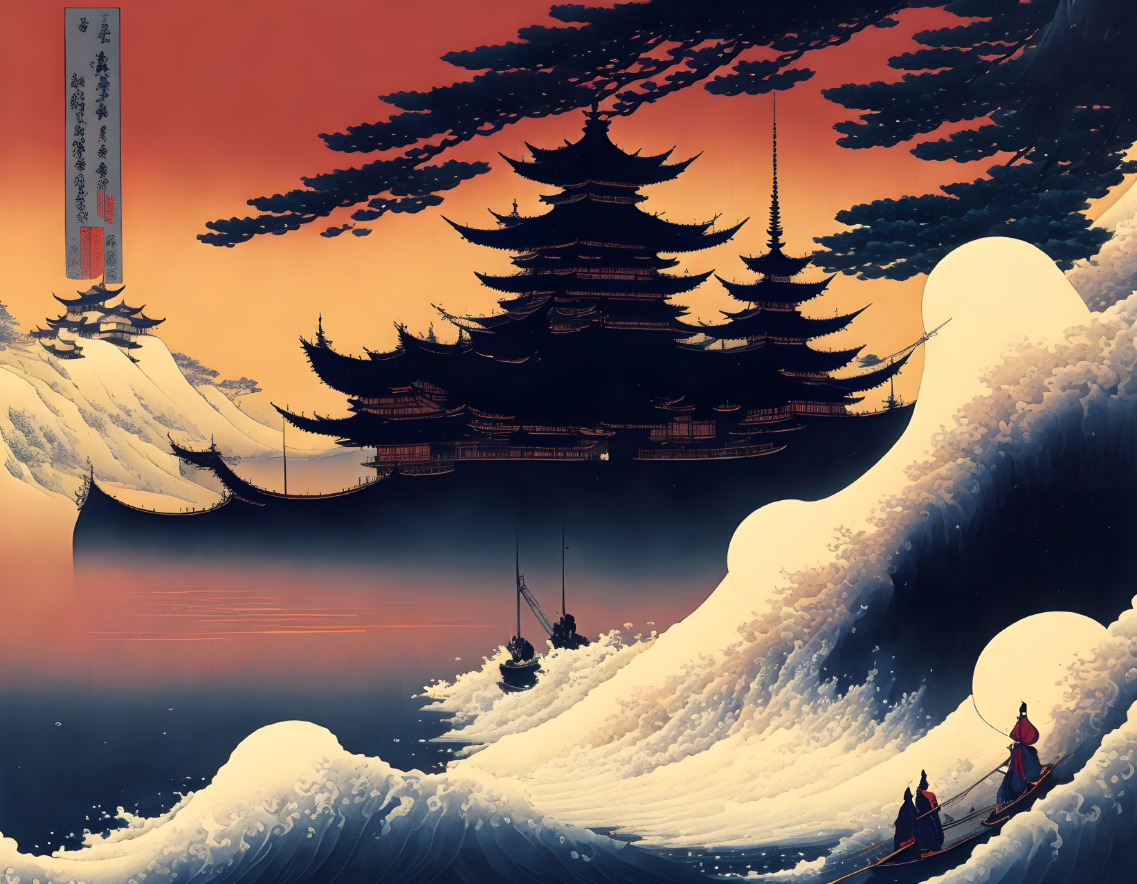 Japanese Art Style: Pagoda, Mountain, Boats, Vibrant Sunrise/Sunset