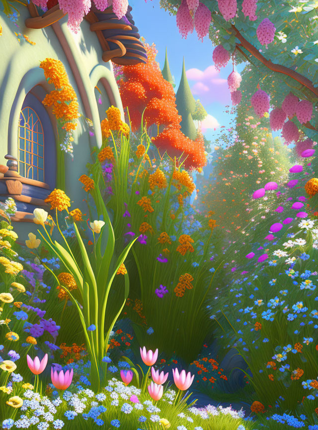 Colorful Flower Garden with Whimsical Cottage and Blue Sky