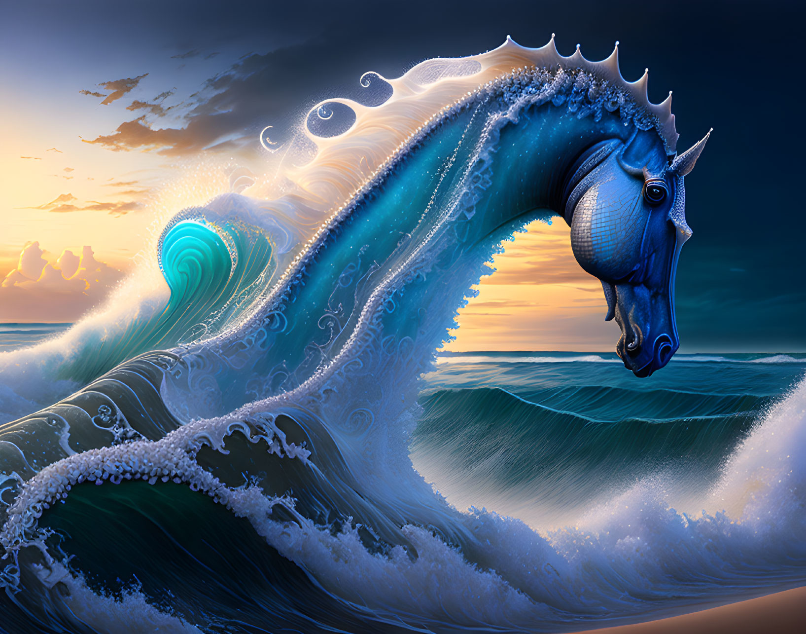 Digital artwork: Seahorse-shaped wave under sunset sky