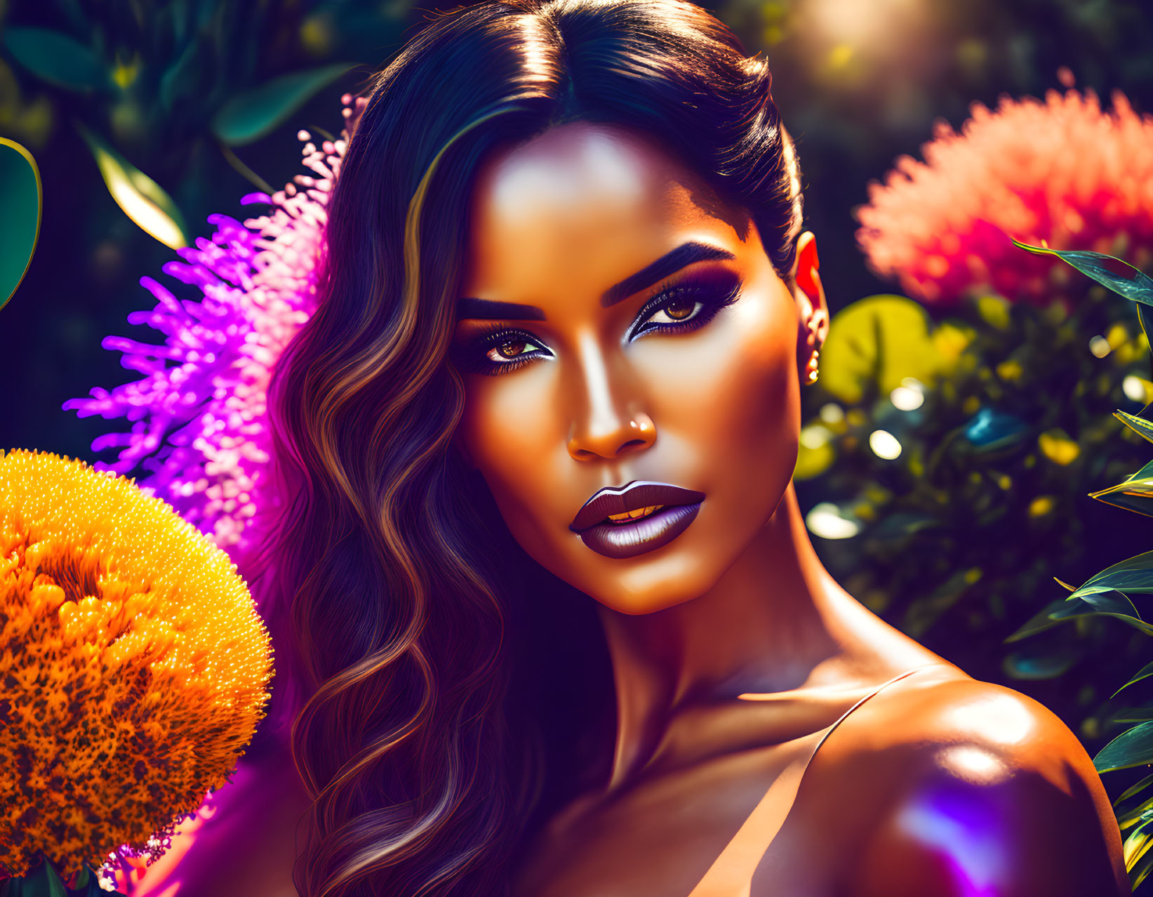 Colorful Digital Artwork: Woman with Bold Makeup and Curly Hair Among Exotic Flowers