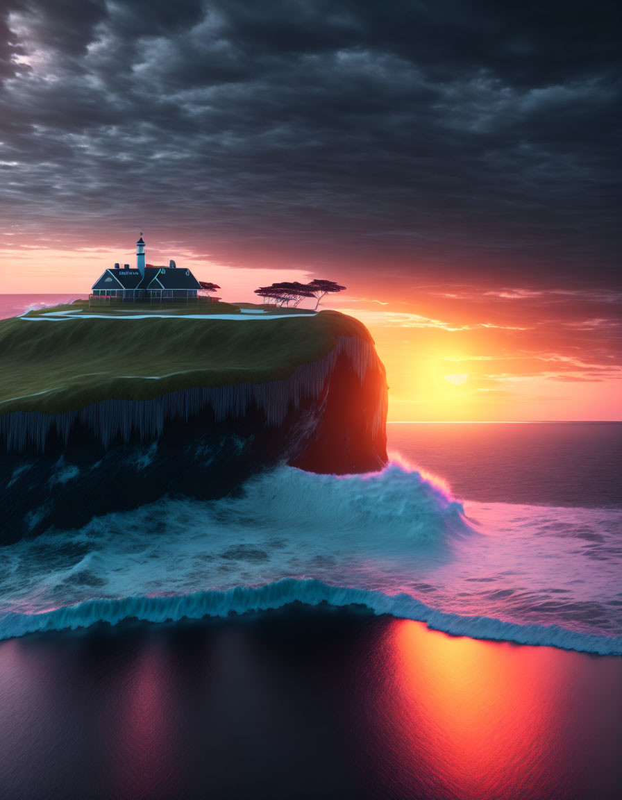 Cliff-top lighthouse overlooking crashing wave at sunset