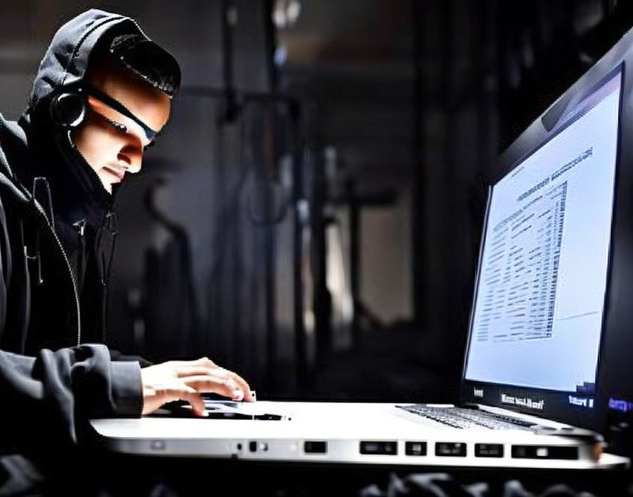 Focused person in hoodie and headset coding on laptop in dimly lit setting