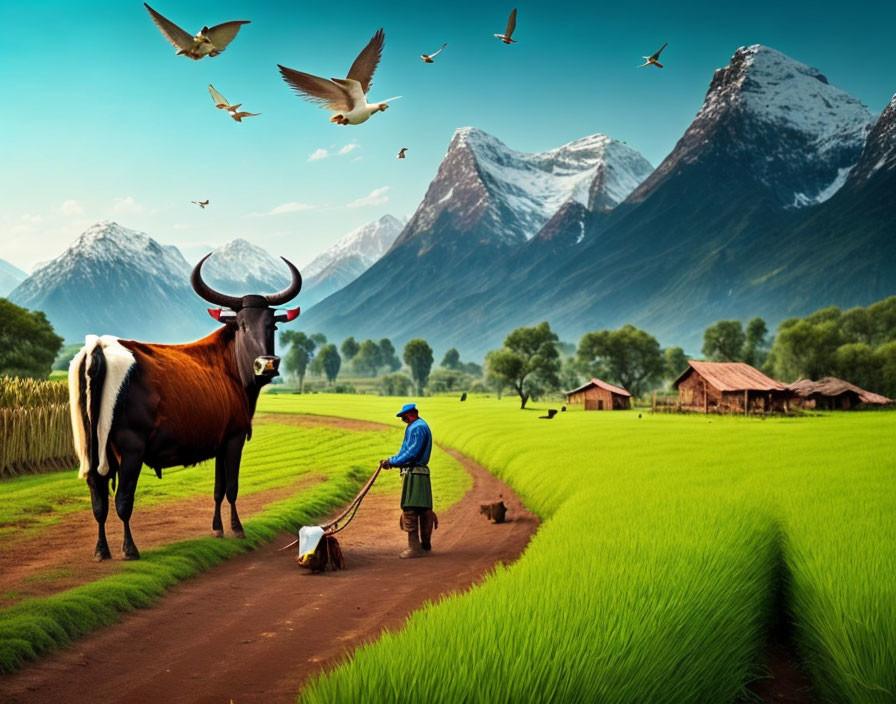 Farmer plowing green field with ox under clear sky & mountains.