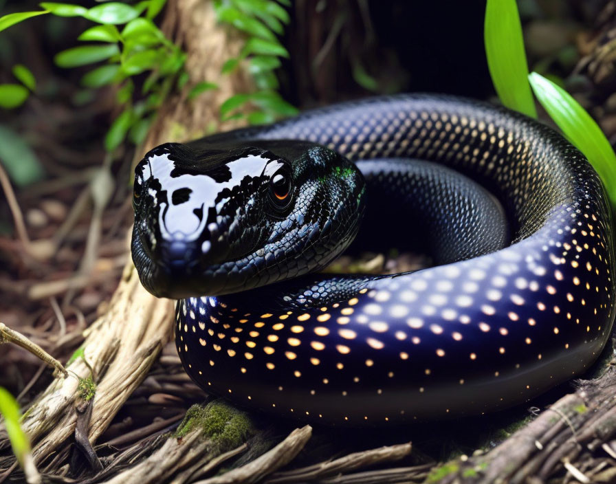 Iridescent Coiled Snake with Distinctive Head Pattern in Forest