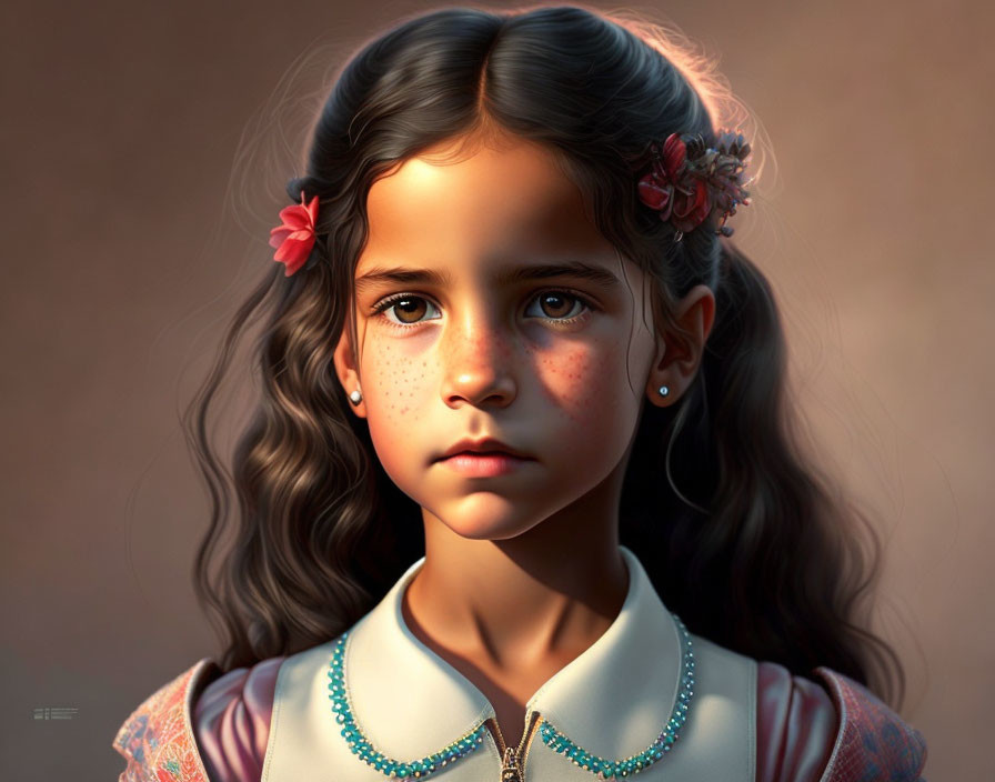 Young girl digital painting with brown hair, freckles, pink flowers, and turquoise necklace