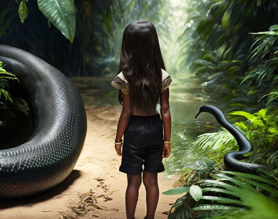 Young girl confronts giant snake in jungle landscape