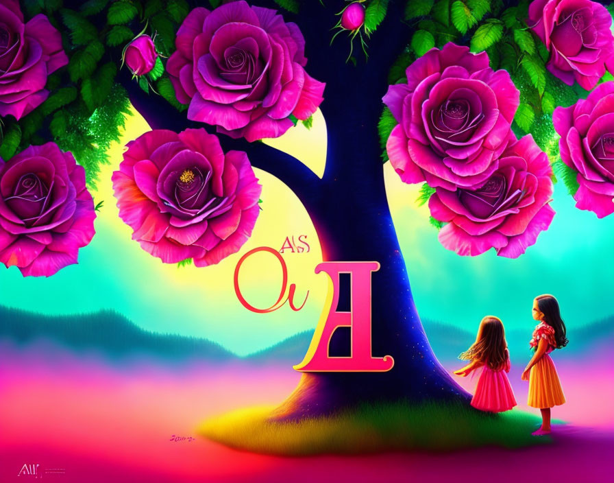 Whimsical illustration of two girls by large tree with pink roses and letter "A