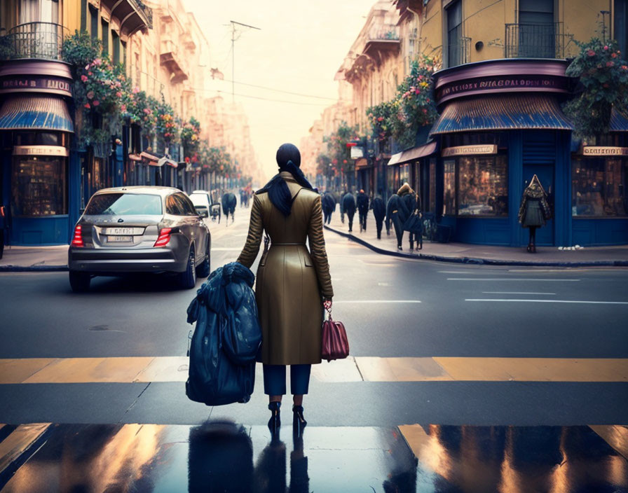 Pedestrian crossing wet street with bags, cityscape and cars under dusk sky