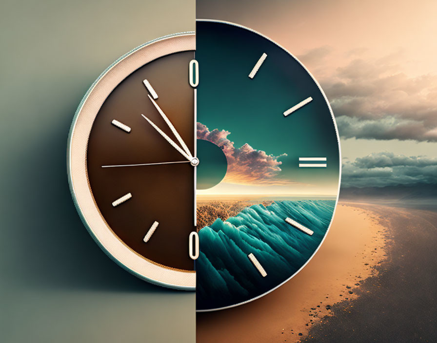 Split conceptual clock displays calm day and serene night landscape