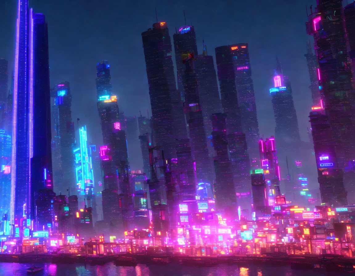 Vibrant neon-lit futuristic cityscape with towering skyscrapers at night