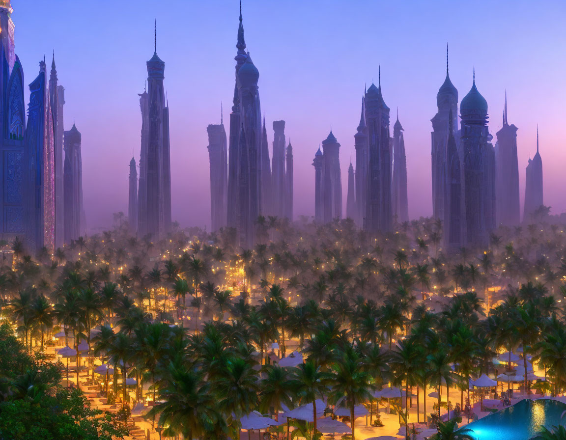 Mystical cityscape at dusk: illuminated palm trees and towering spires in soft fog