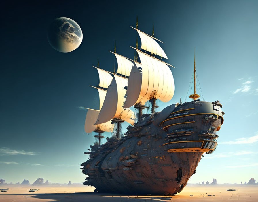 Tall ship with full sails crossing vast desert under clear sky