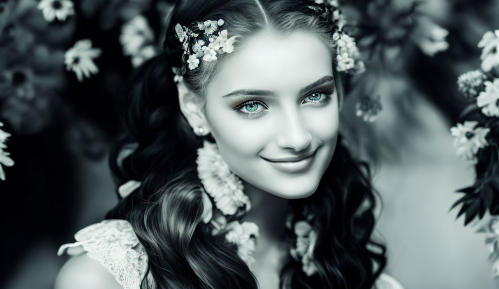 Monochrome portrait of smiling woman with braided hair and floral adornments