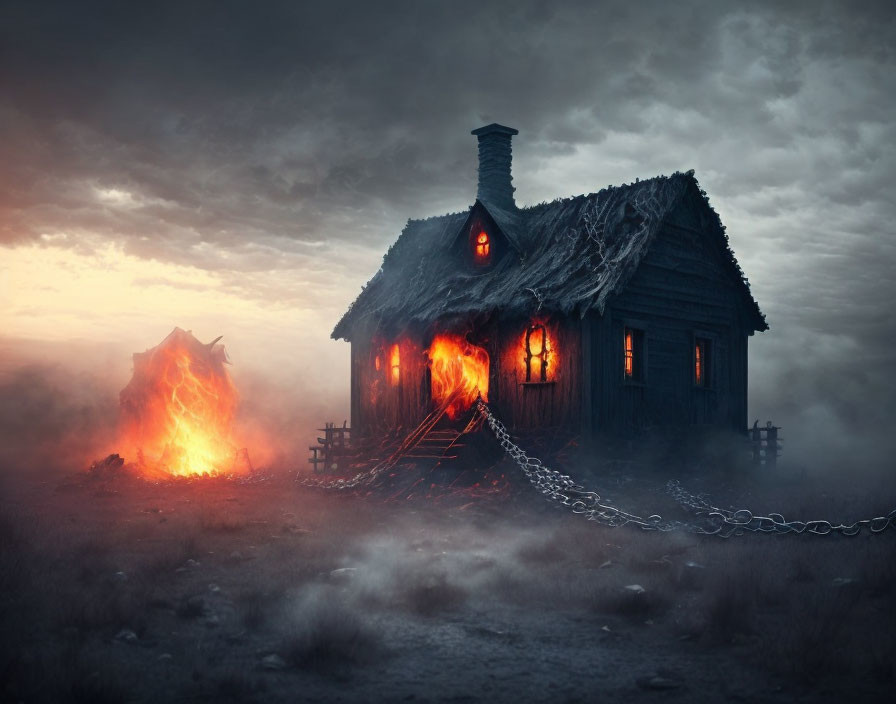 Spooky house with glowing windows and fiery shape in misty landscape