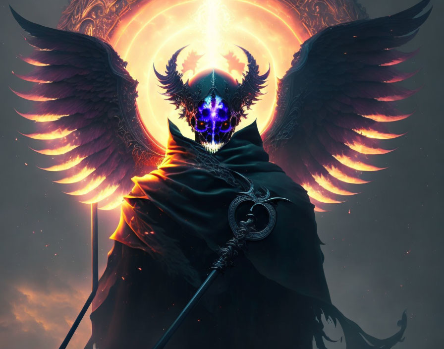 Mystical figure with glowing blue skull and feathered wings in front of fiery emblem