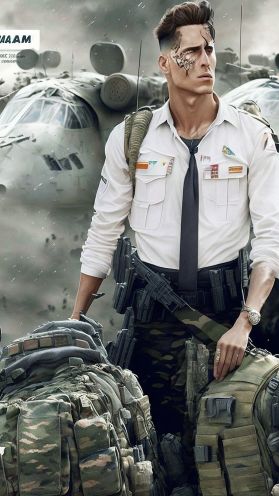 Stylized soldier with futuristic facial markings in white uniform and military gear posing near helicopters.