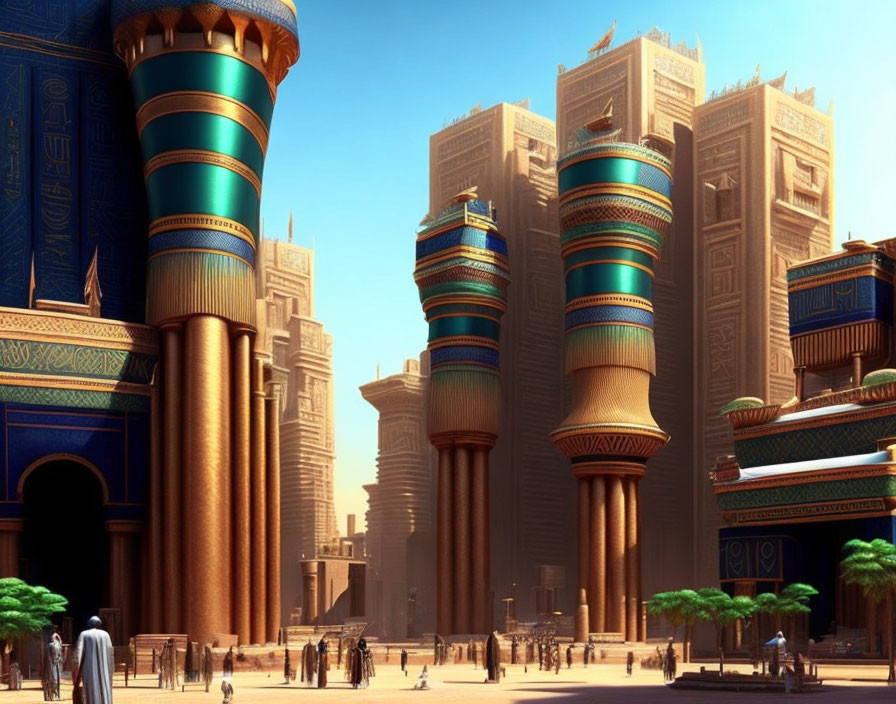 Detailed digital artwork: Ancient cityscape with grand blue and gold structures and bustling marketplace.