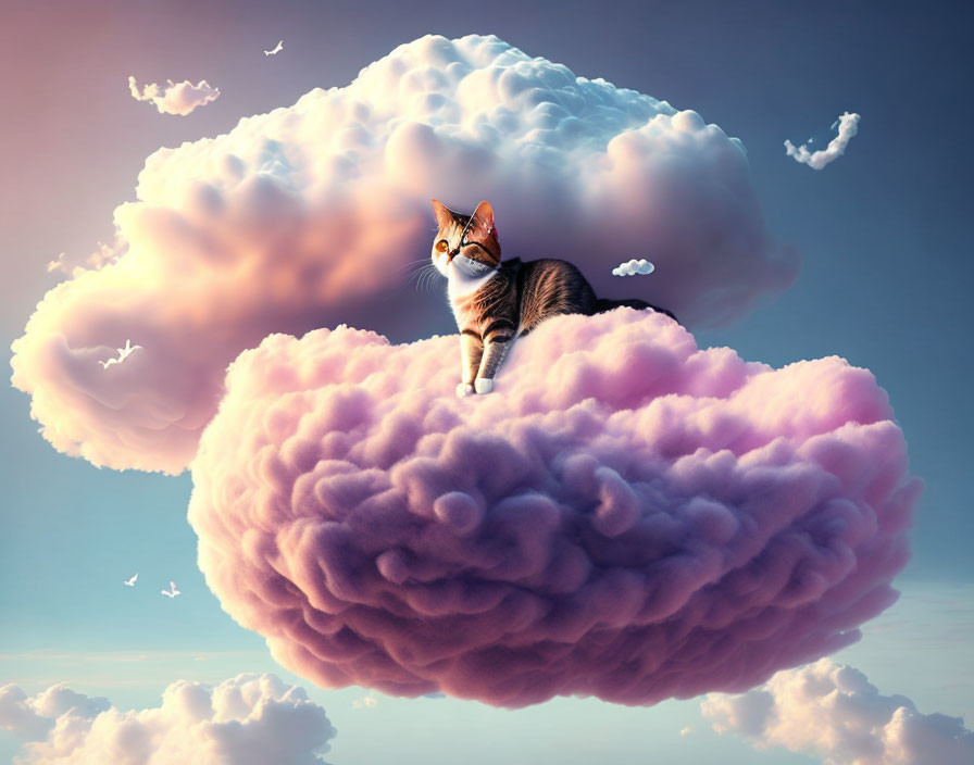 Cat sitting on vibrant purple and white cloud in dreamlike sky