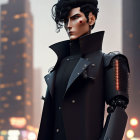 Digital portrait of person with dark hair and red teardrop, futuristic black armor, against cityscape