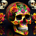 Colorful Floral Skull Decor with Reflective Surface & Smaller Skulls