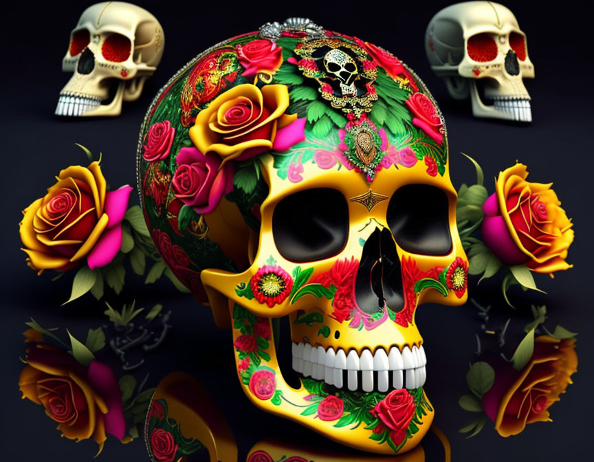 Colorful Floral Skull Decor with Reflective Surface & Smaller Skulls