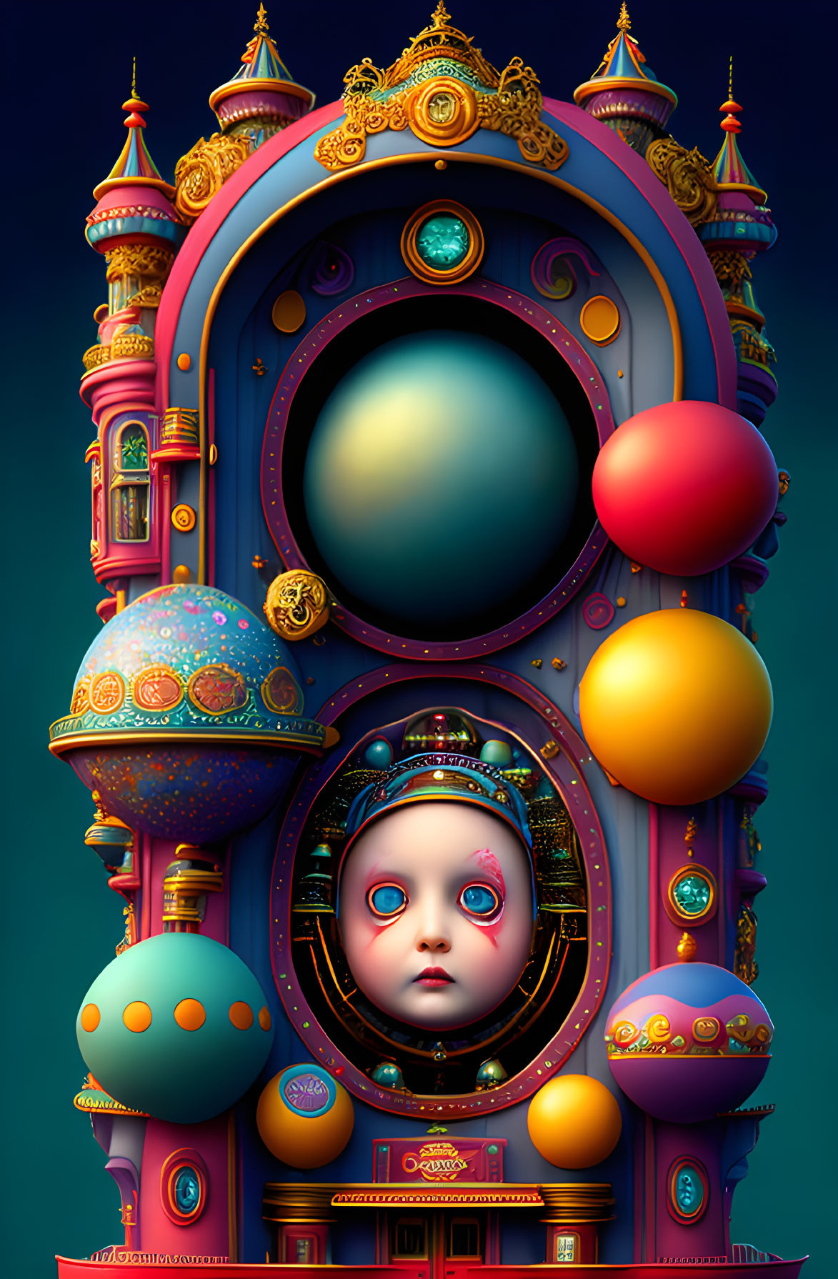 Colorful surreal digital artwork of doll-like figure in ornate architectural frame.