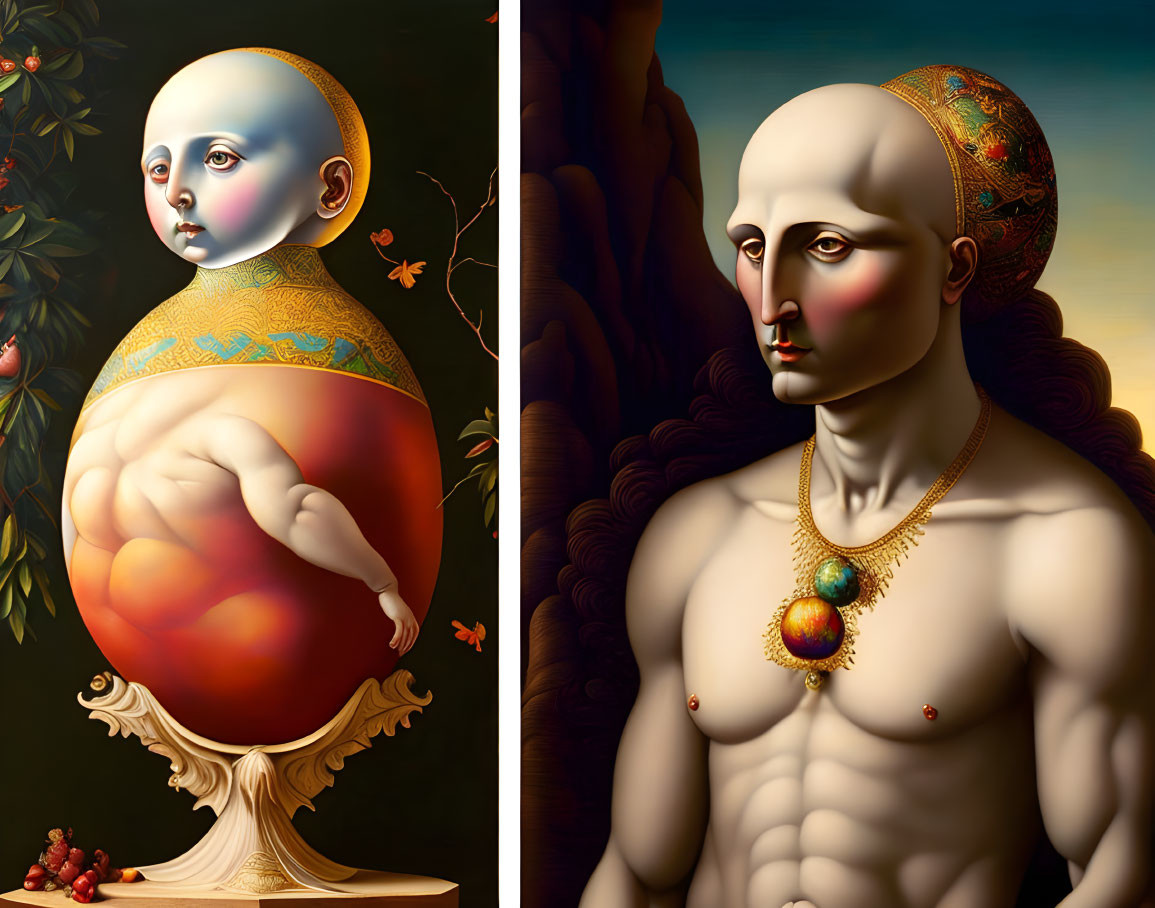 Surrealist portraits with bald figures and disproportionate bodies side by side.