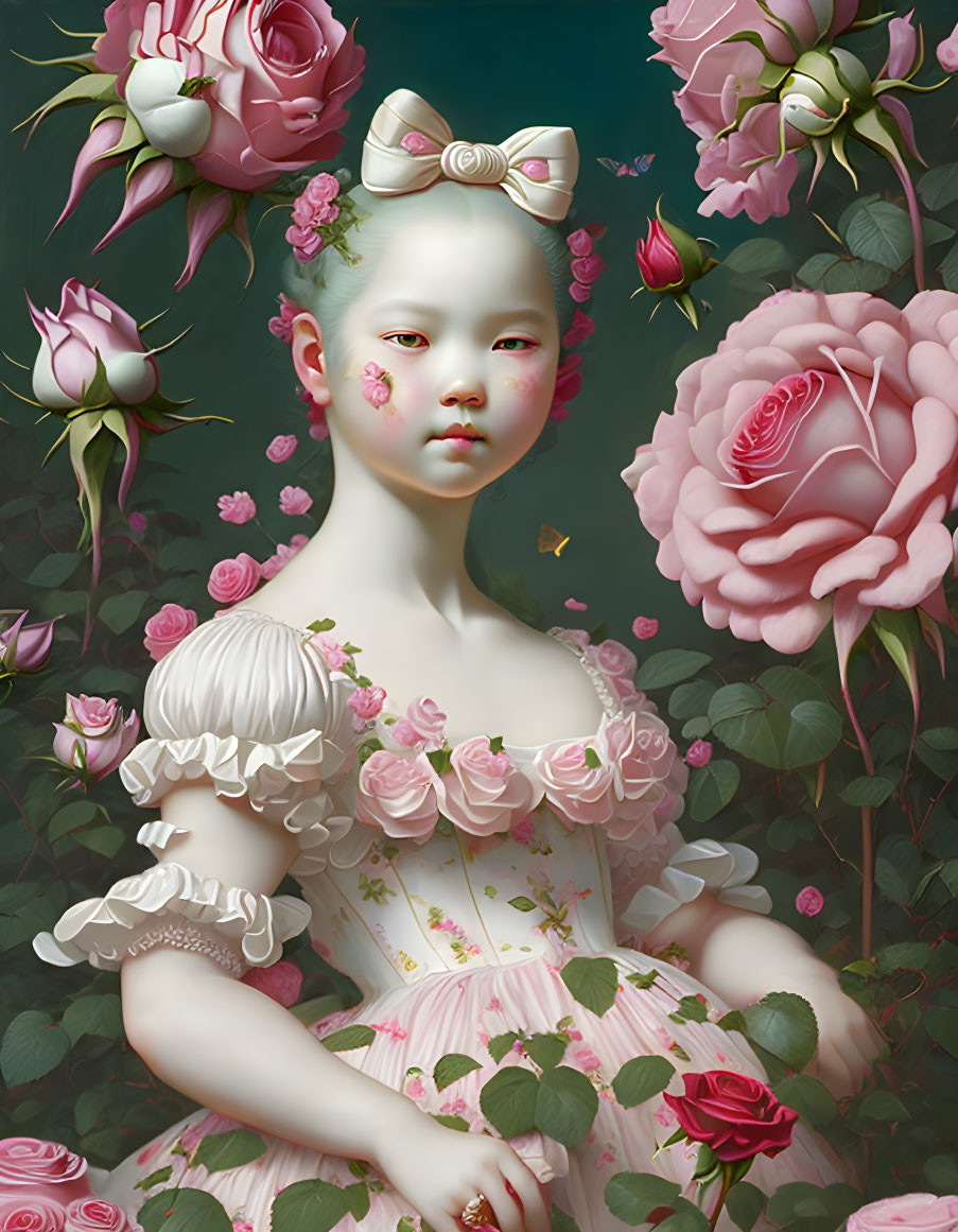 Digital artwork of a girl with porcelain skin and pink bow, amidst oversized roses in a fantasy scene