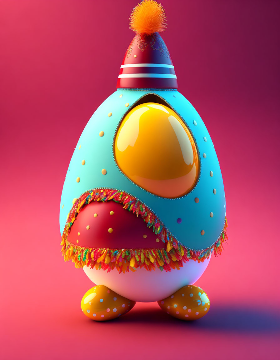 Colorful 3D-rendered egg-shaped character in party hat on pink-red background