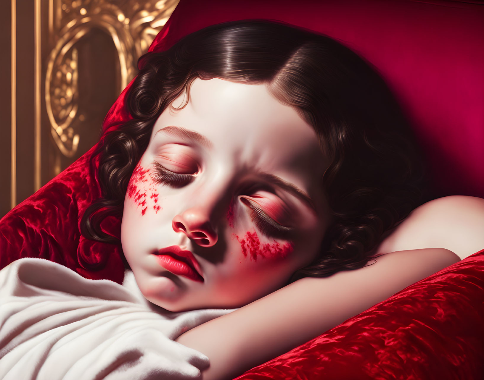 Child on Red Cushioned Surface with Surreal Porcelain-like Complexion