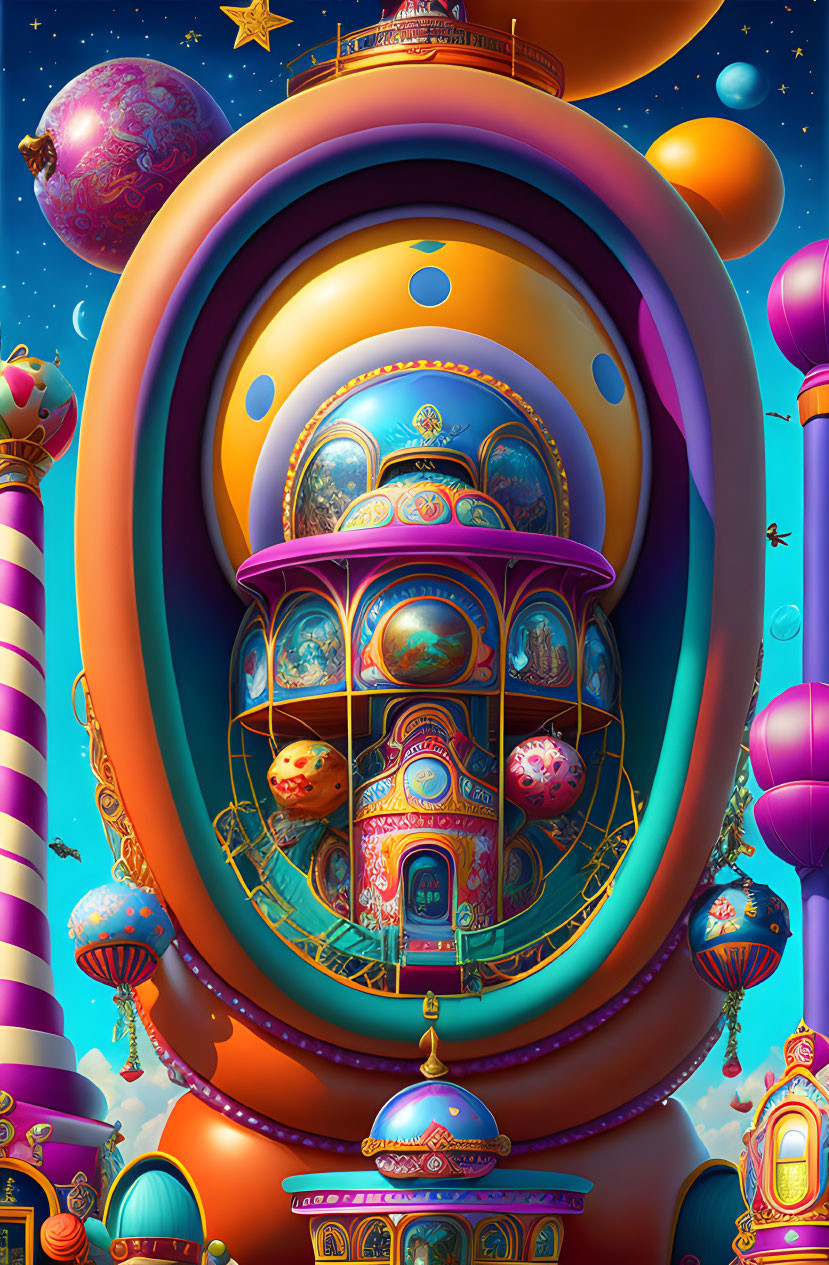 Colorful whimsical structure with ornate domes and candy-like elements on vibrant planets.