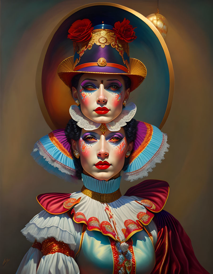 Colorful theatrical clown-like figures with elaborate costumes and makeup.