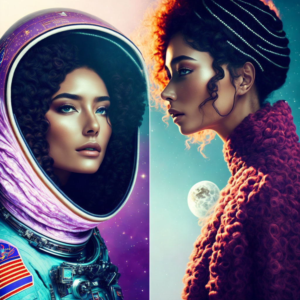 Split Image: Woman in Astronaut Helmet and Fashionable Attire Juxtaposed