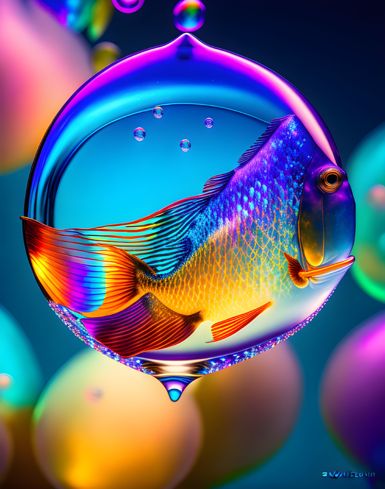 Colorful Digital Illustration of Fish in Transparent Bubble Against Multicolored Background