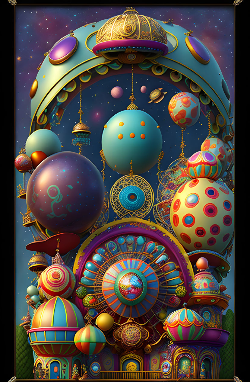 Colorful Surreal Art: Floating Orbs & Intricate Architecture Under Starry Sky