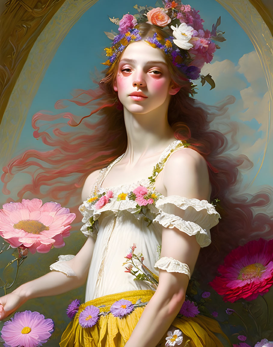 Woman portrait with flowing hair, floral wreath, white top, yellow skirt, and pink flowers.