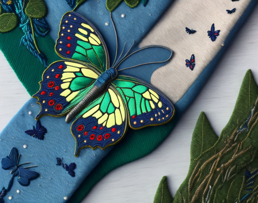 Embroidered Butterfly and Floral Patterns on Textured Fabric