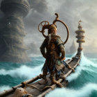 Bearded figure navigating ship through stormy seas with octopus and ruins.