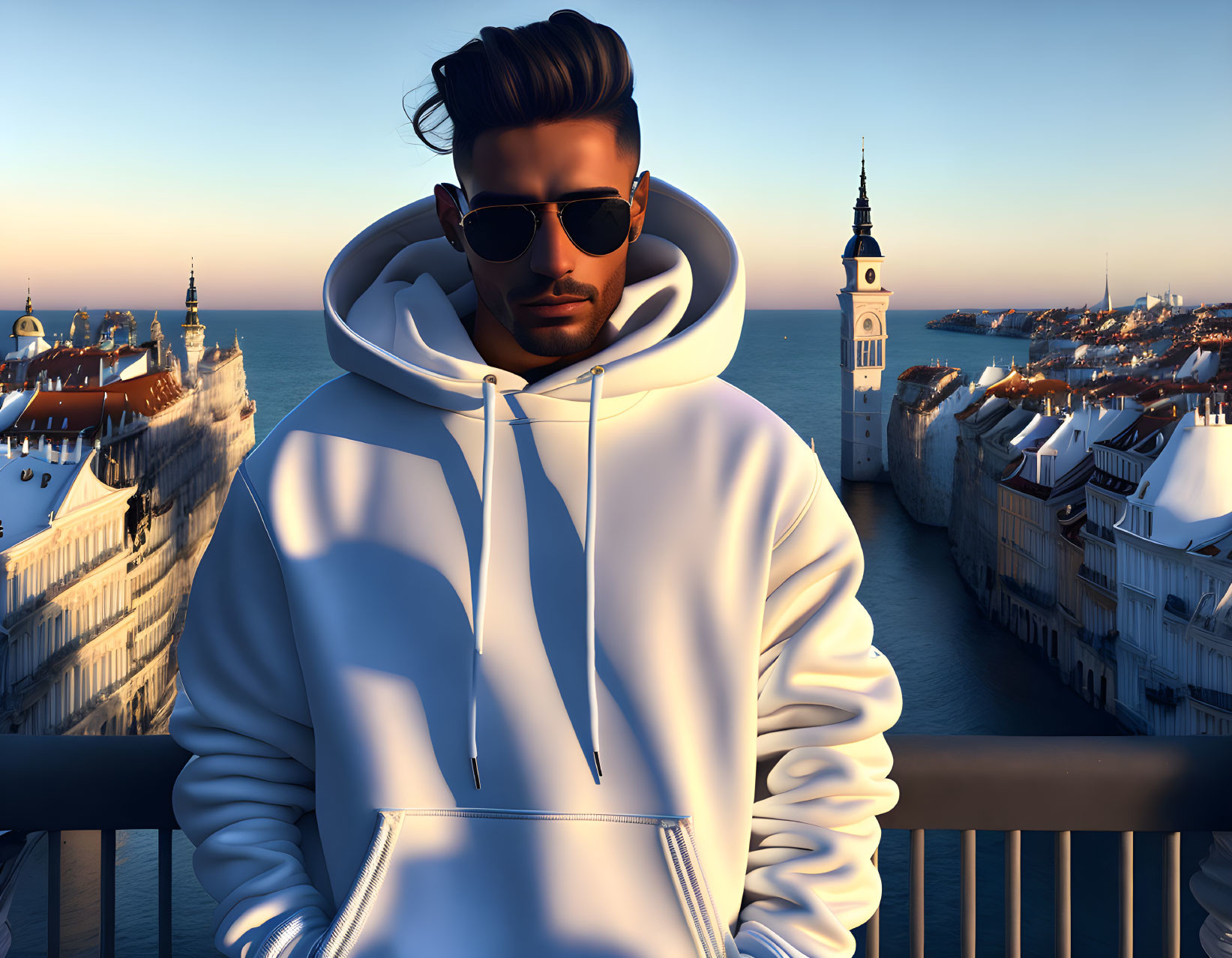 Fashionable man in sunglasses and white hoodie on balcony with cityscape backdrop.