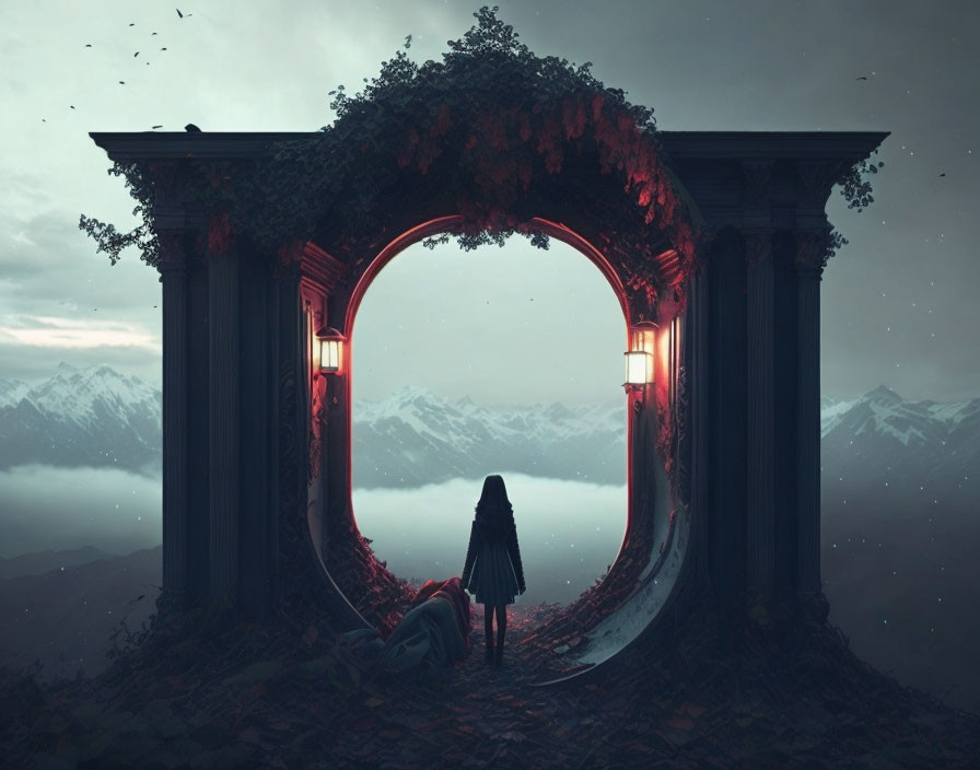 Person standing before circular portal overlooking misty mountainous landscape at dusk.