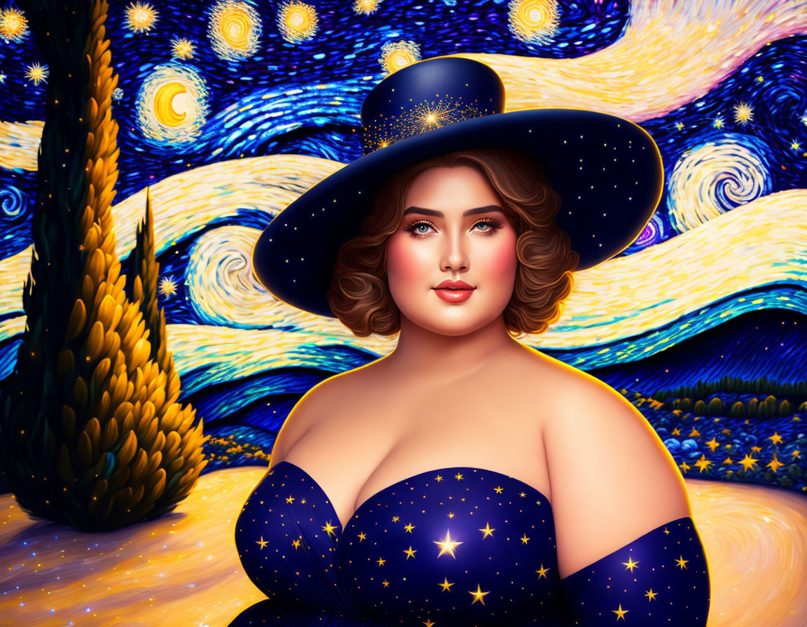 Colorful illustration of woman in starry outfit against Van Gogh-inspired background