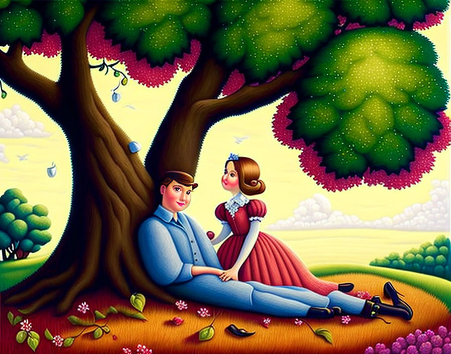 Colorful meadow scene with couple under lush tree