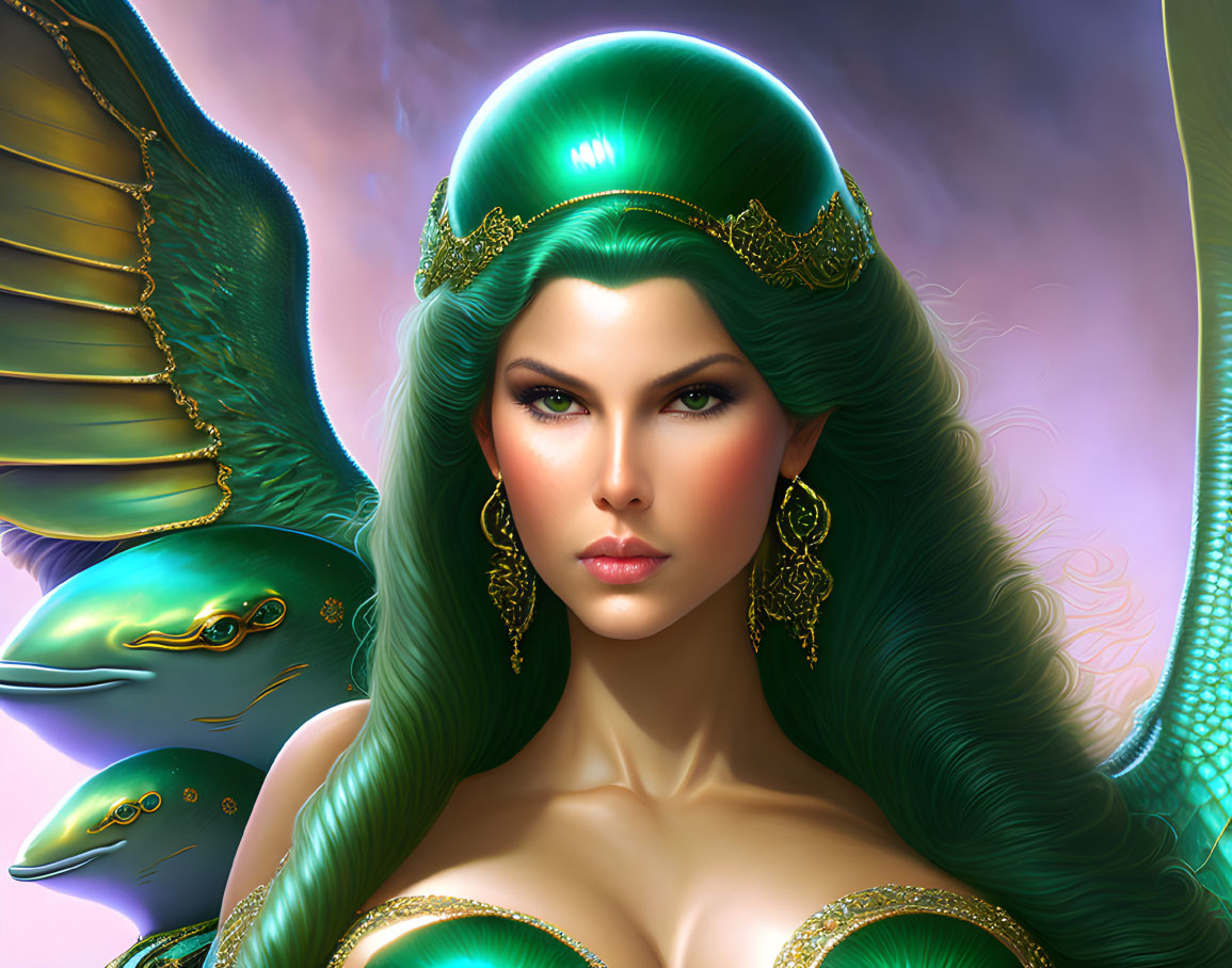 Majestic fantasy queen with green hair, golden crown, regal attire, and iridescent