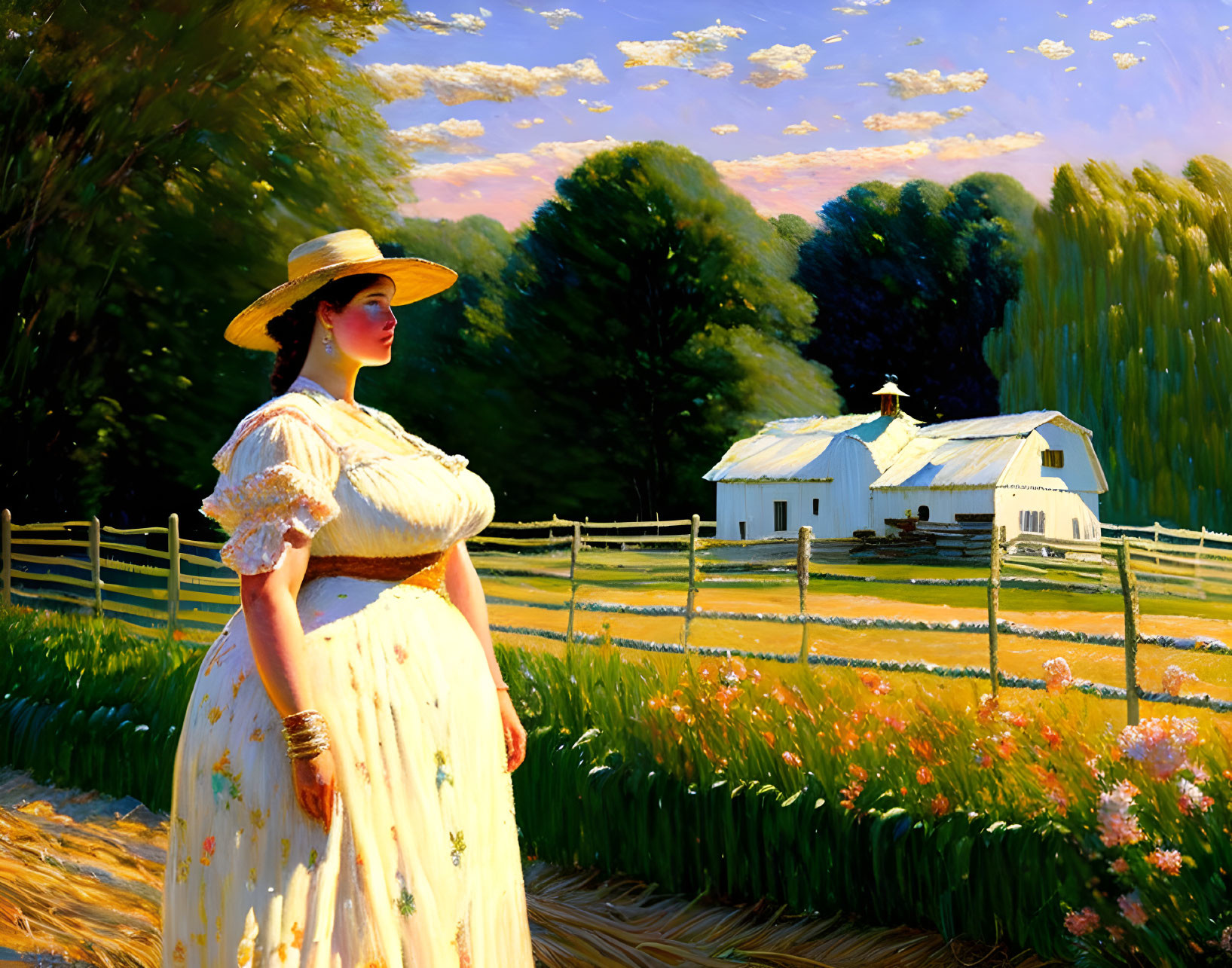 Vintage-clad woman in sunlit field near white farmhouse and lush trees.